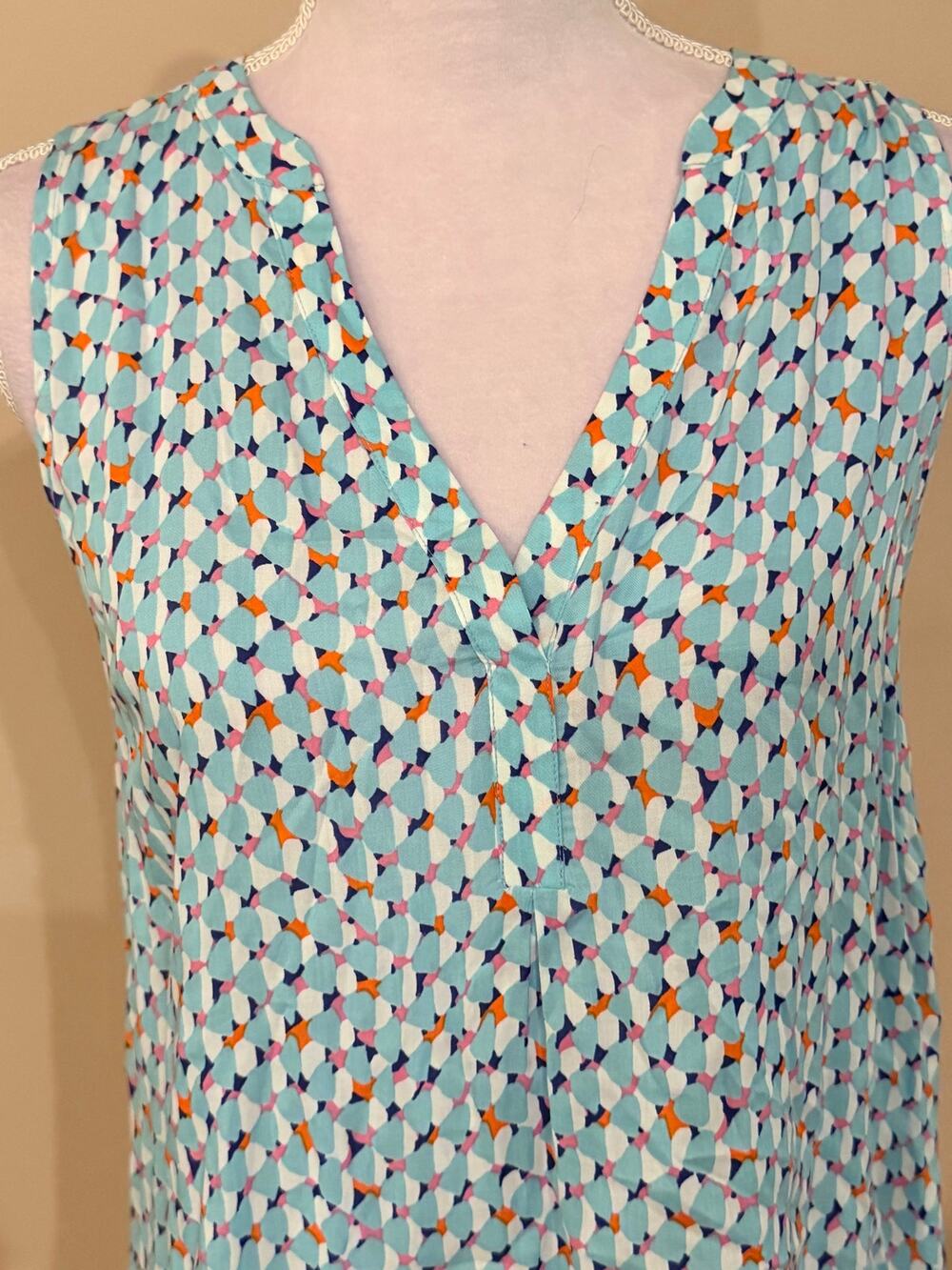 Boden Sleeveless Blouse Womens US 6 Blue Orange Geometric Print VNeck Hi-Low Top